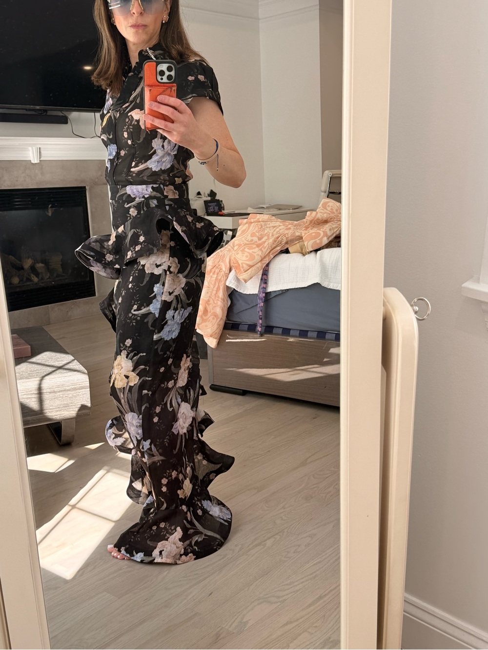 Zimmermann Black Floral Ruffle Maxi Dress with Lavender and Cream Blooms